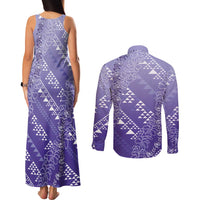Hawaii Lavender Kapa Couples Matching Tank Maxi Dress and Long Sleeve Button Shirt Vintage 'Ohe Kāpala Motifs Mix Plumeria Leis