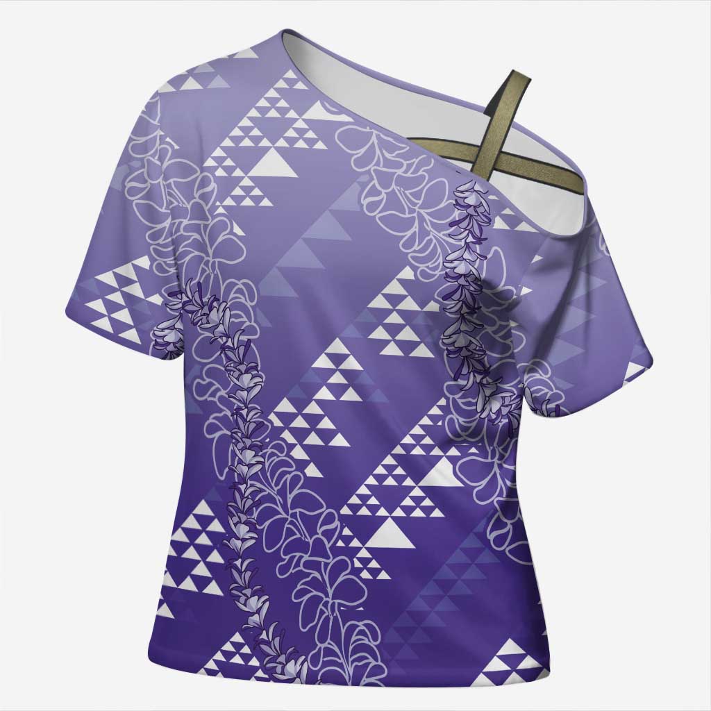 Hawaii Lavender Kapa Cross Shoulder Shirt Vintage 'Ohe Kāpala Motifs Mix Plumeria Leis