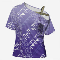 Hawaii Lavender Kapa Cross Shoulder Shirt Vintage 'Ohe Kāpala Motifs Mix Plumeria Leis