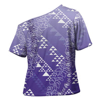 Hawaii Lavender Kapa Cross Shoulder Shirt Vintage 'Ohe Kāpala Motifs Mix Plumeria Leis