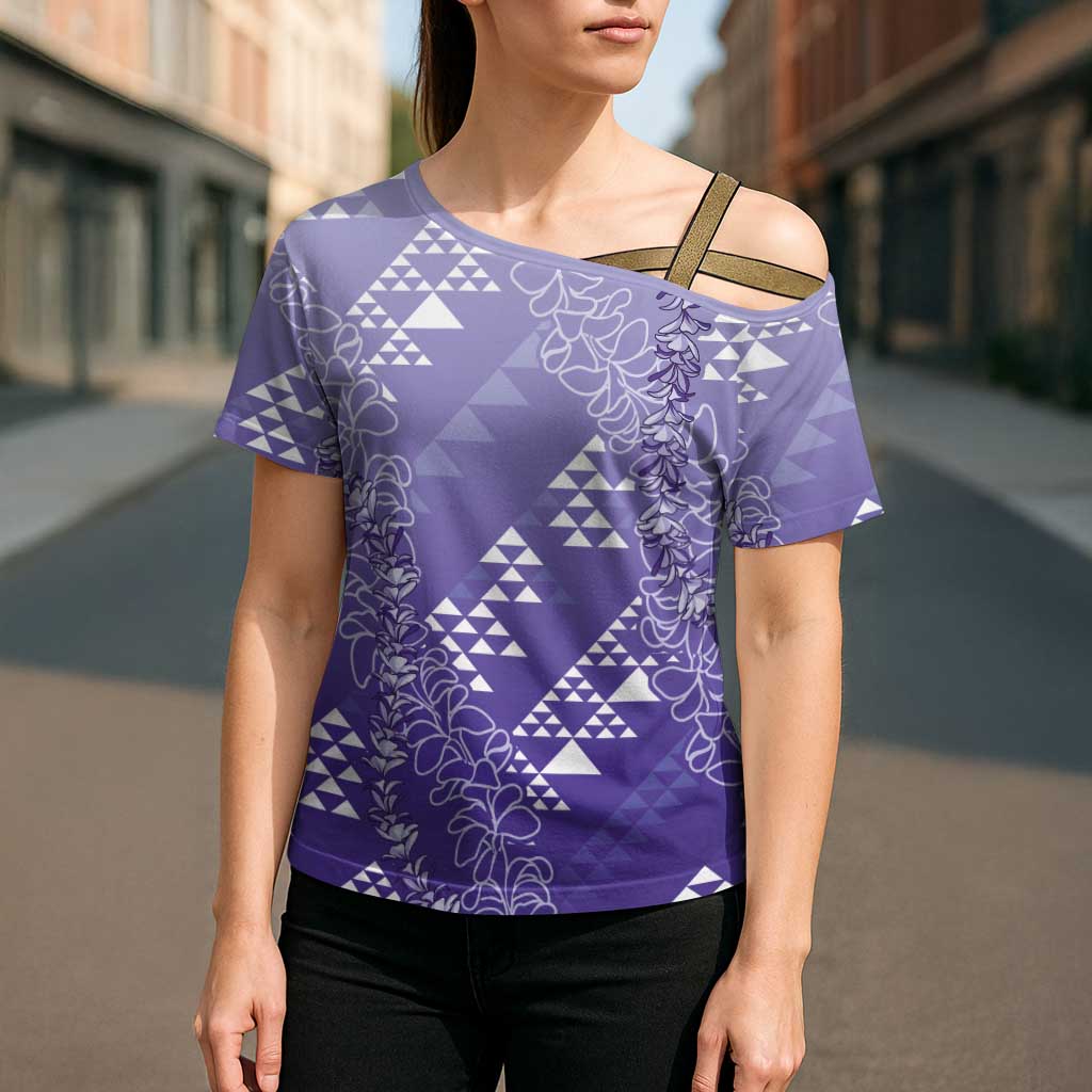 Hawaii Lavender Kapa Cross Shoulder Shirt Vintage 'Ohe Kāpala Motifs Mix Plumeria Leis