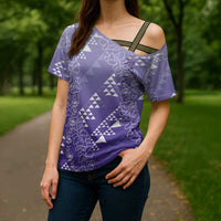 Hawaii Lavender Kapa Cross Shoulder Shirt Vintage 'Ohe Kāpala Motifs Mix Plumeria Leis