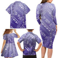 Hawaii Lavender Kapa Family Matching Long Sleeve Bodycon Dress and Hawaiian Shirt Vintage 'Ohe Kāpala Motifs Mix Plumeria Leis