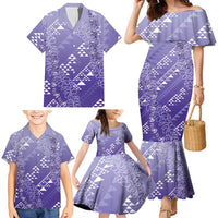 Hawaii Lavender Kapa Family Matching Mermaid Dress and Hawaiian Shirt Vintage 'Ohe Kāpala Motifs Mix Plumeria Leis