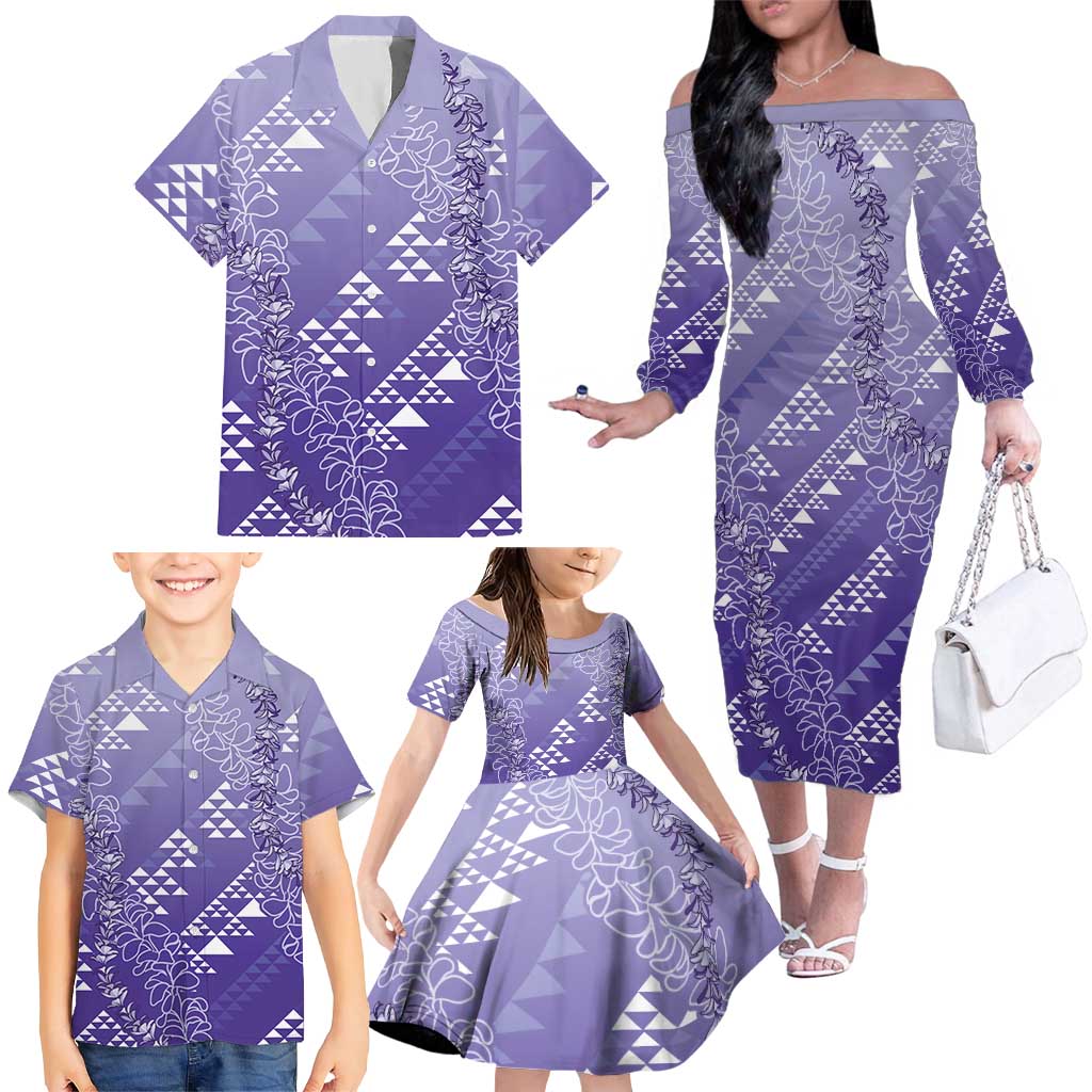 Hawaii Lavender Kapa Family Matching Off The Shoulder Long Sleeve Dress and Hawaiian Shirt Vintage 'Ohe Kāpala Motifs Mix Plumeria Leis
