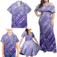 Hawaii Lavender Kapa Family Matching Off Shoulder Maxi Dress and Hawaiian Shirt Vintage 'Ohe Kāpala Motifs Mix Plumeria Leis