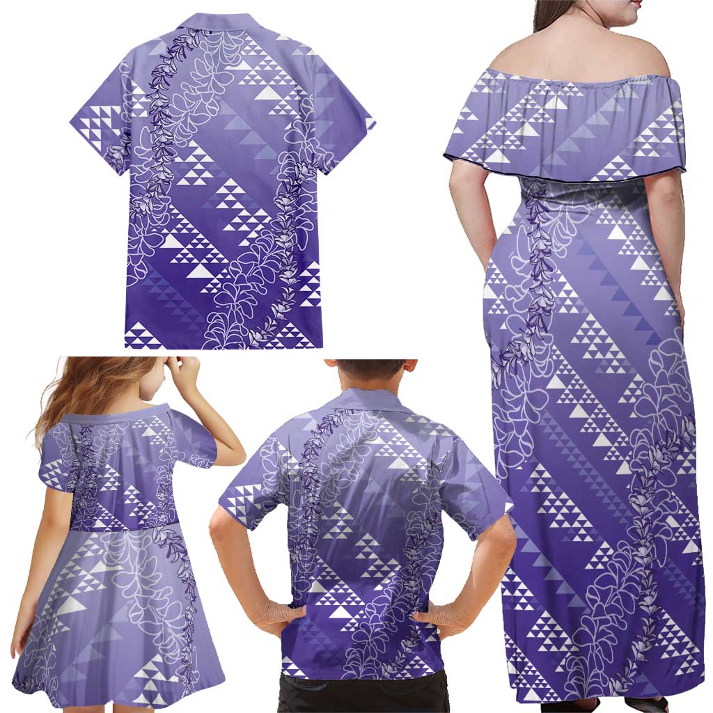 Hawaii Lavender Kapa Family Matching Off Shoulder Maxi Dress and Hawaiian Shirt Vintage 'Ohe Kāpala Motifs Mix Plumeria Leis