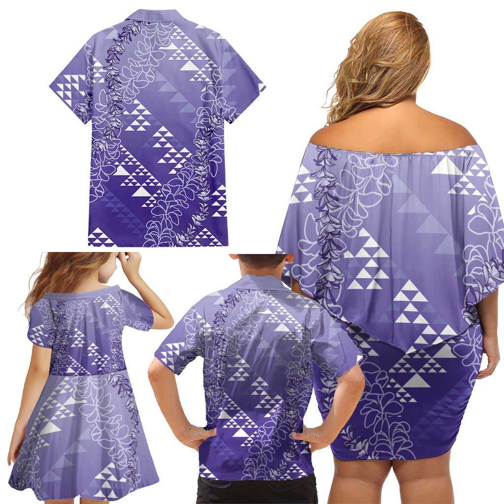 Hawaii Lavender Kapa Family Matching Off Shoulder Short Dress and Hawaiian Shirt Vintage 'Ohe Kāpala Motifs Mix Plumeria Leis