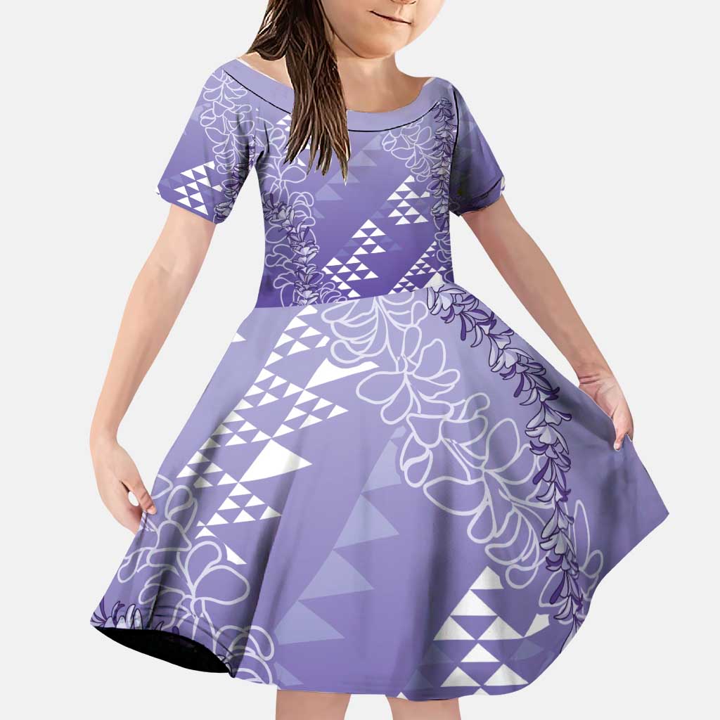Hawaii Lavender Kapa Family Matching Short Sleeve Bodycon Dress and Hawaiian Shirt Vintage 'Ohe Kāpala Motifs Mix Plumeria Leis LT7 Daughter's Dress Lavender - Polynesian Pride