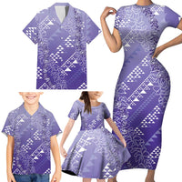 Hawaii Lavender Kapa Family Matching Short Sleeve Bodycon Dress and Hawaiian Shirt Vintage 'Ohe Kāpala Motifs Mix Plumeria Leis LT7 - Polynesian Pride
