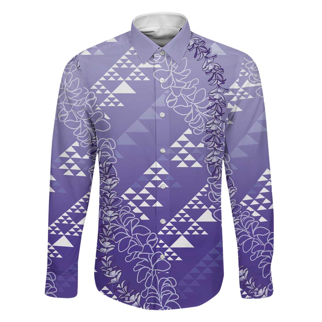 Hawaii Lavender Kapa Family Matching Short Sleeve Bodycon Dress and Hawaiian Shirt Vintage 'Ohe Kāpala Motifs Mix Plumeria Leis LT7 Dad's Shirt - Long Sleeve Lavender - Polynesian Pride