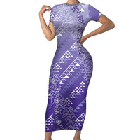Hawaii Lavender Kapa Family Matching Short Sleeve Bodycon Dress and Hawaiian Shirt Vintage 'Ohe Kāpala Motifs Mix Plumeria Leis LT7 Mom's Dress Lavender - Polynesian Pride