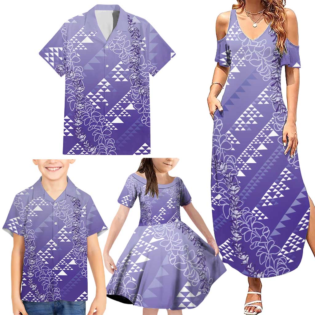 Hawaii Lavender Kapa Family Matching Summer Maxi Dress and Hawaiian Shirt Vintage 'Ohe Kāpala Motifs Mix Plumeria Leis