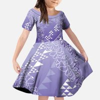 Hawaii Lavender Kapa Kid Short Sleeve Dress Vintage 'Ohe Kāpala Motifs Mix Plumeria Leis
