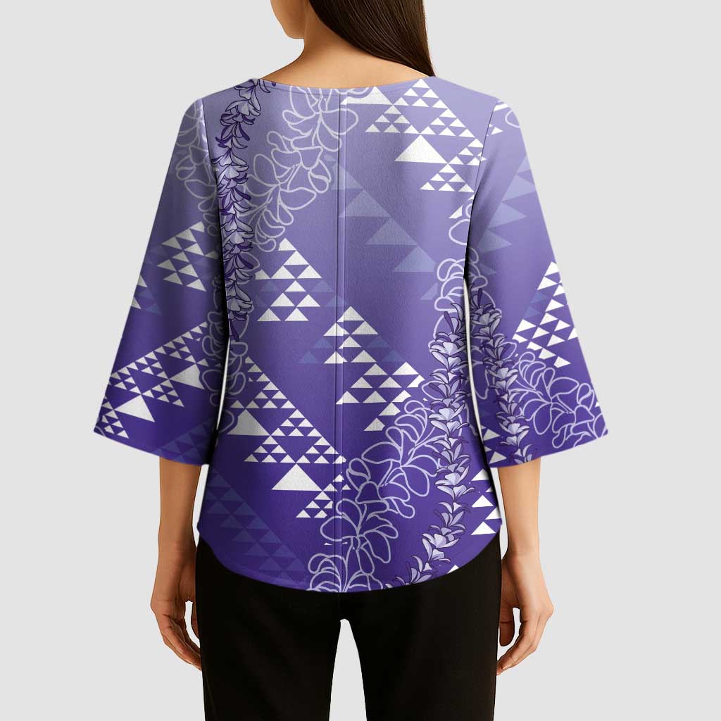 Hawaii Lavender Kapa Kimono Sleeve Blouse Vintage 'Ohe Kāpala Motifs Mix Plumeria Leis