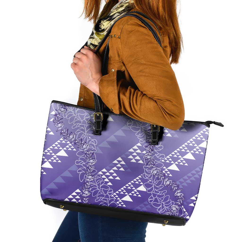 Hawaii Lavender Kapa Leather Tote Bag Vintage 'Ohe Kāpala Motifs Mix Plumeria Leis LT7 Lavender - Polynesian Pride