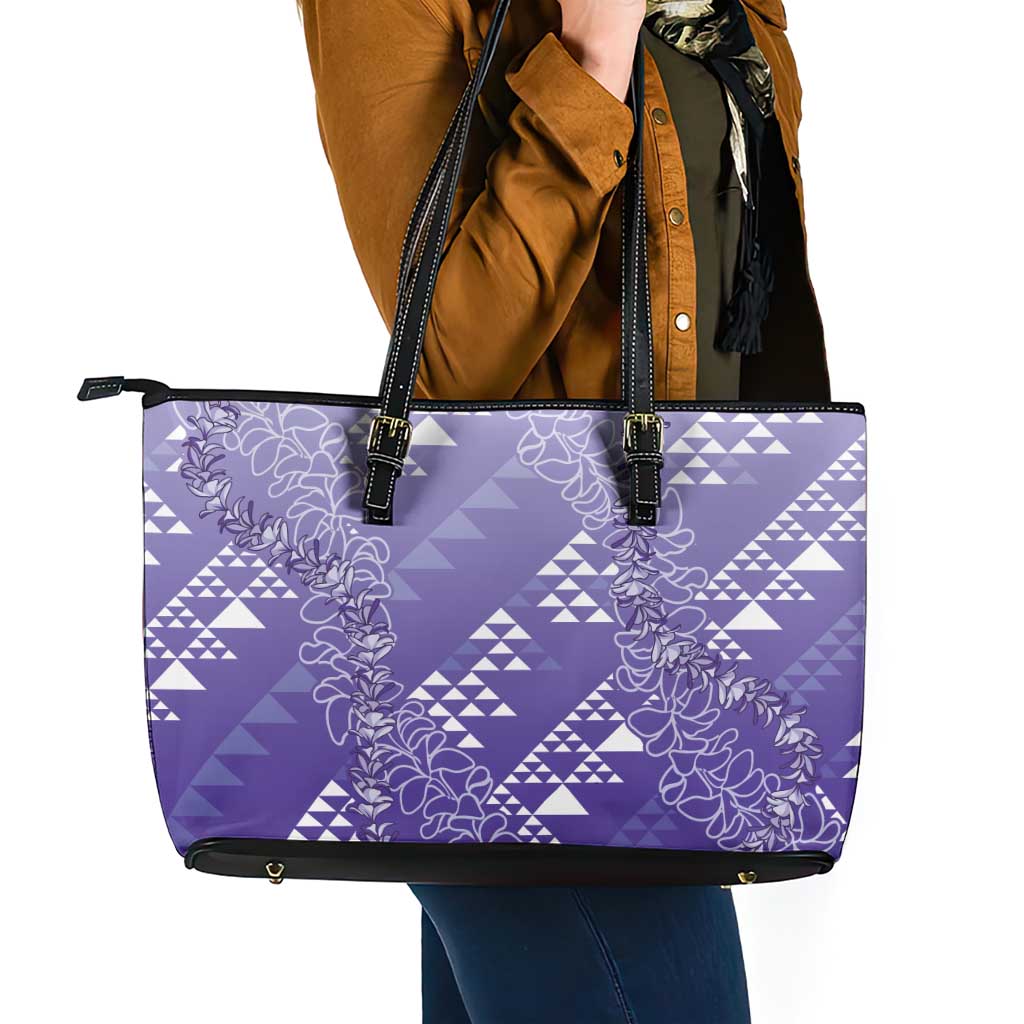 Hawaii Lavender Kapa Leather Tote Bag Vintage 'Ohe Kāpala Motifs Mix Plumeria Leis LT7 - Polynesian Pride