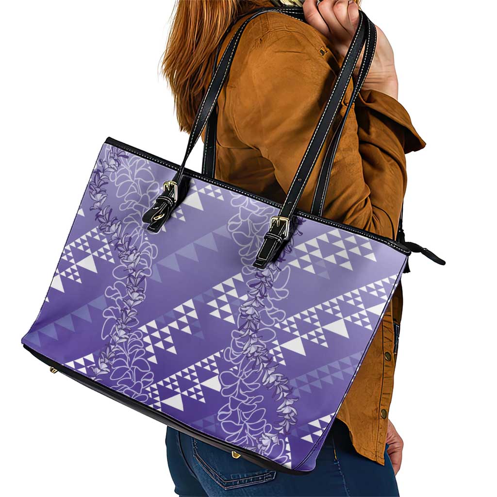 Hawaii Lavender Kapa Leather Tote Bag Vintage 'Ohe Kāpala Motifs Mix Plumeria Leis LT7 - Polynesian Pride