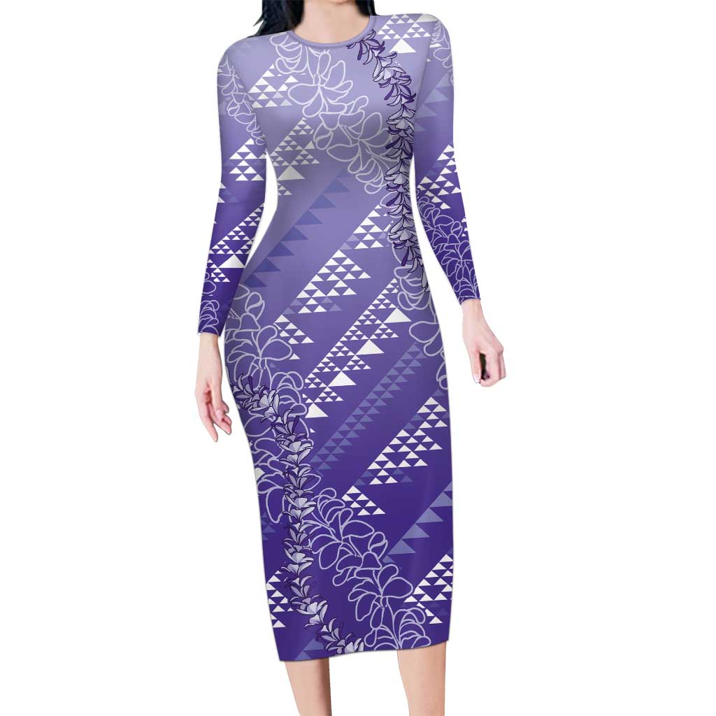 Hawaii Lavender Kapa Long Sleeve Bodycon Dress Vintage 'Ohe Kāpala Motifs Mix Plumeria Leis