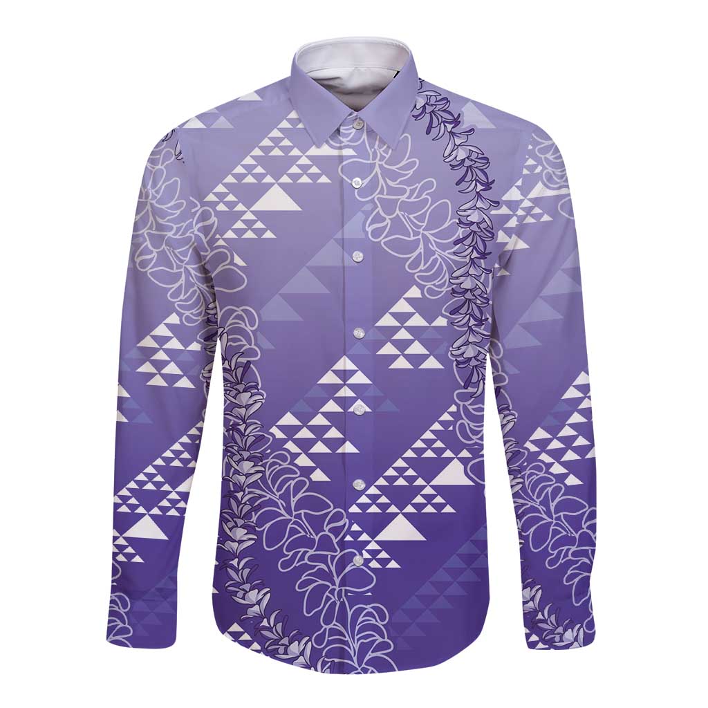 Hawaii Lavender Kapa Long Sleeve Button Shirt Vintage 'Ohe Kāpala Motifs Mix Plumeria Leis LT7 Unisex Lavender - Polynesian Pride