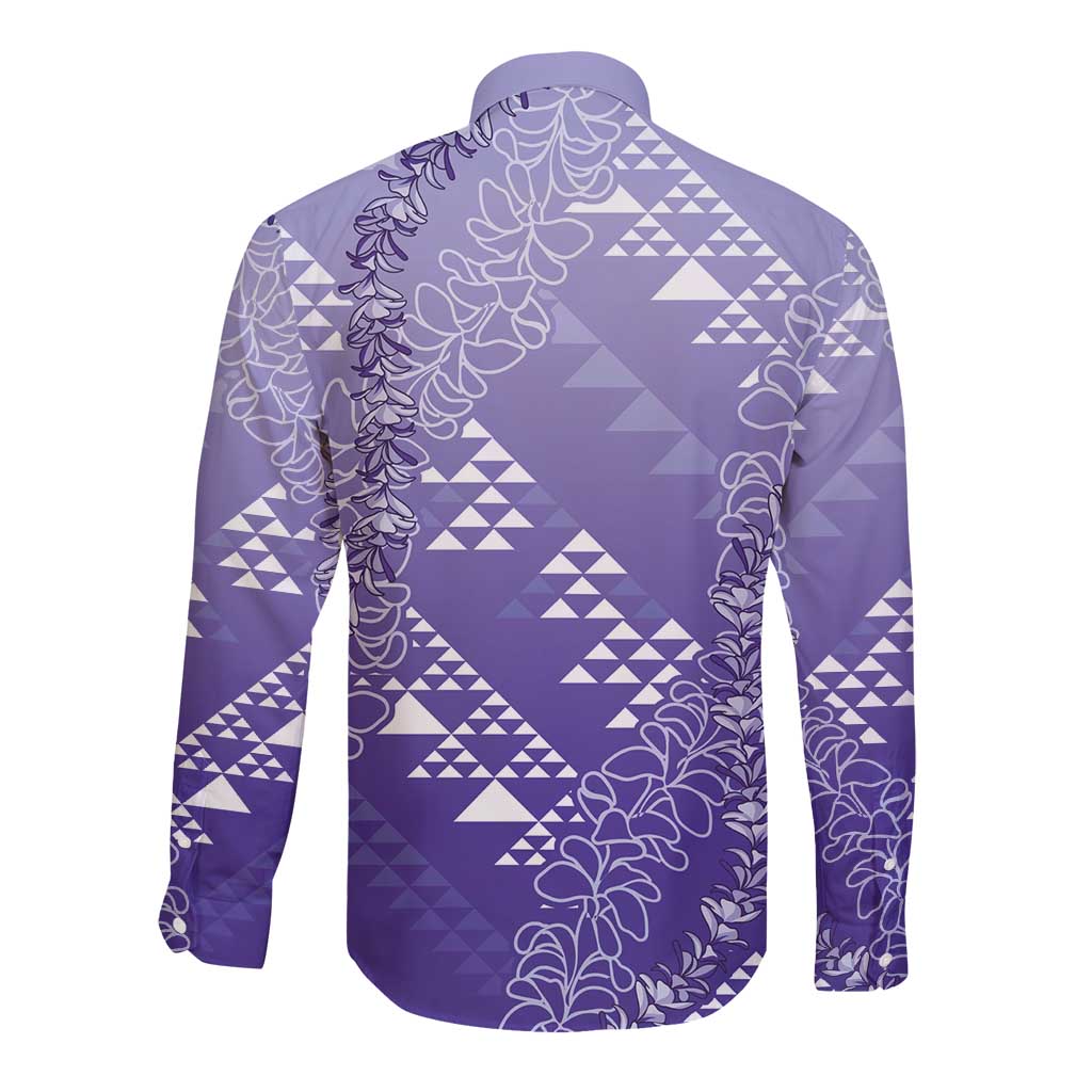 Hawaii Lavender Kapa Long Sleeve Button Shirt Vintage 'Ohe Kāpala Motifs Mix Plumeria Leis LT7 - Polynesian Pride