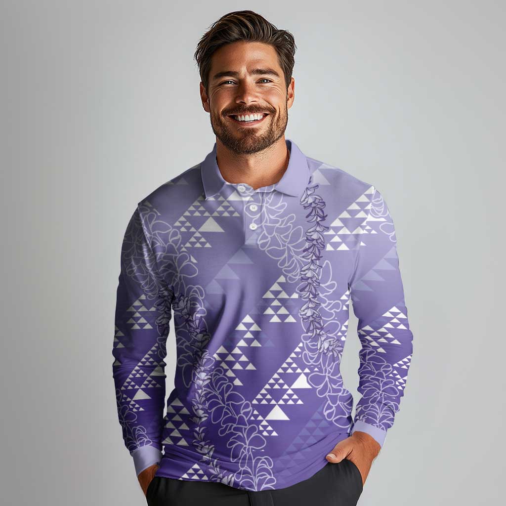 Hawaii Lavender Kapa Long Sleeve Polo Shirt Vintage 'Ohe Kāpala Motifs Mix Plumeria Leis