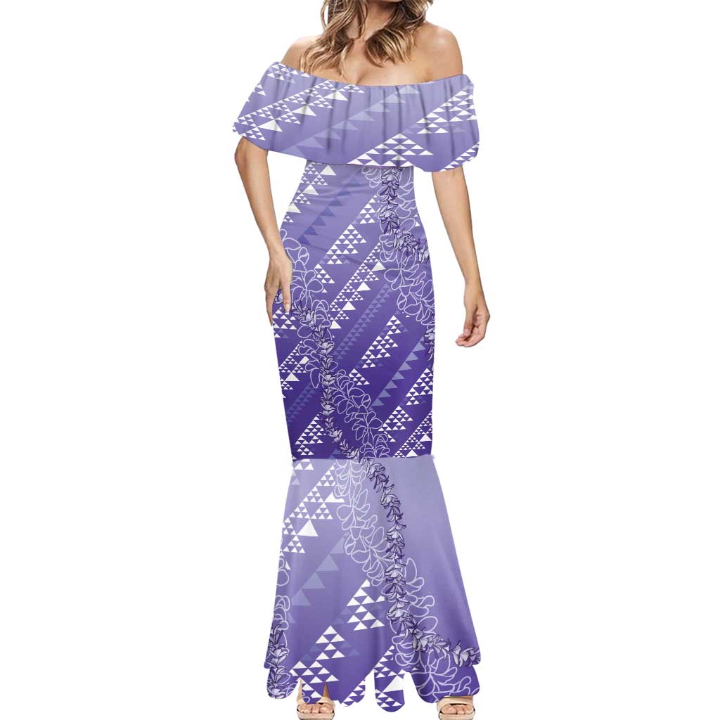 Hawaii Lavender Kapa Mermaid Dress Vintage 'Ohe Kāpala Motifs Mix Plumeria Leis