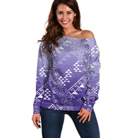 Hawaii Lavender Kapa Off Shoulder Sweater Vintage 'Ohe Kāpala Motifs Mix Plumeria Leis LT7 Women Lavender - Polynesian Pride