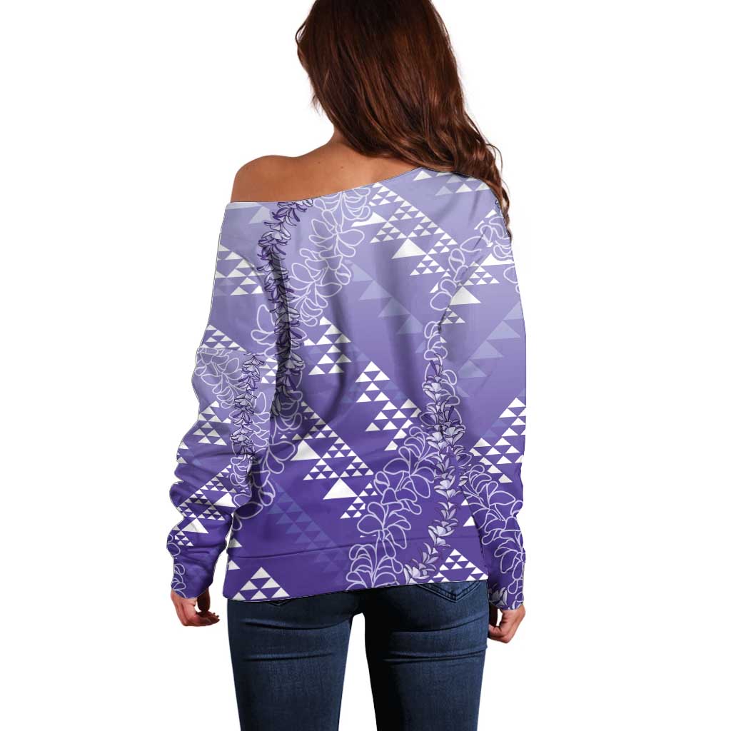 Hawaii Lavender Kapa Off Shoulder Sweater Vintage 'Ohe Kāpala Motifs Mix Plumeria Leis LT7 - Polynesian Pride