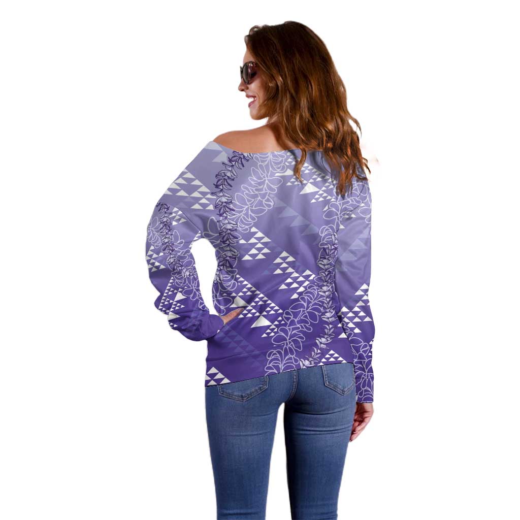 Hawaii Lavender Kapa Off Shoulder Sweater Vintage 'Ohe Kāpala Motifs Mix Plumeria Leis LT7 - Polynesian Pride