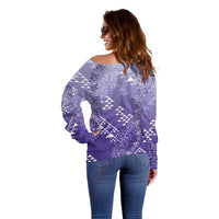 Hawaii Lavender Kapa Off Shoulder Sweater Vintage 'Ohe Kāpala Motifs Mix Plumeria Leis LT7 - Polynesian Pride