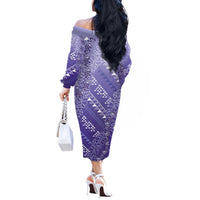 Hawaii Lavender Kapa Off The Shoulder Long Sleeve Dress Vintage 'Ohe Kāpala Motifs Mix Plumeria Leis
