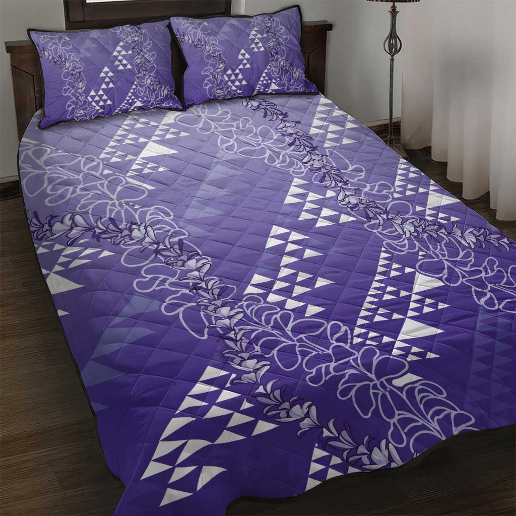 Hawaii Lavender Kapa Quilt Bed Set Vintage 'Ohe Kāpala Motifs Mix Plumeria Leis