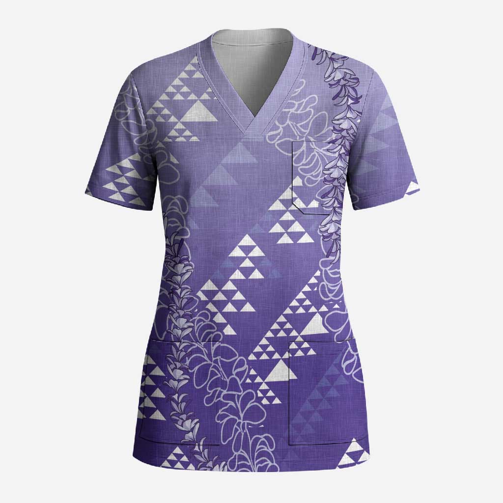 Hawaii Lavender Kapa Scrub Top Vintage 'Ohe Kāpala Motifs Mix Plumeria Leis