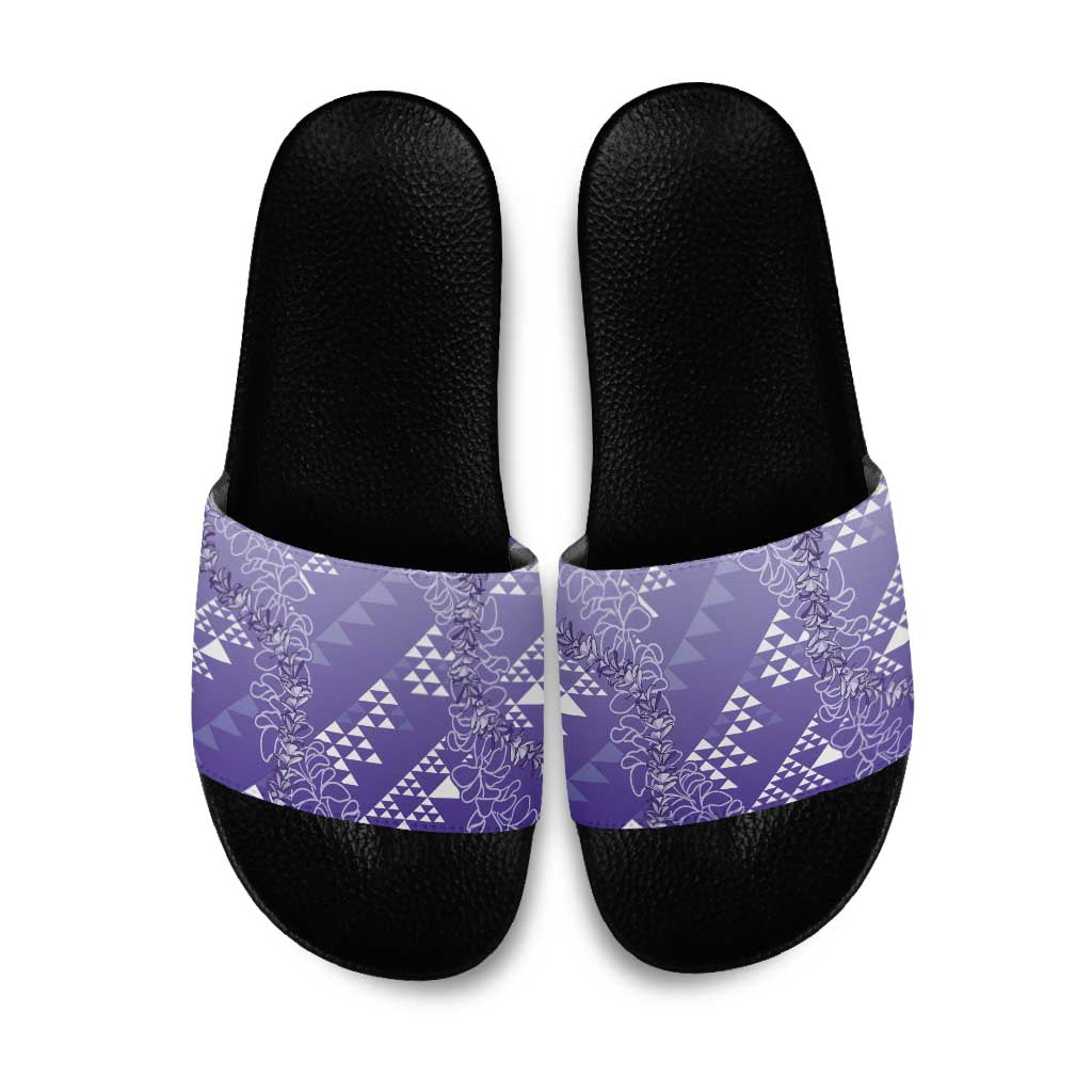 Hawaii Lavender Kapa Slide Sandals Vintage 'Ohe Kāpala Motifs Mix Plumeria Leis