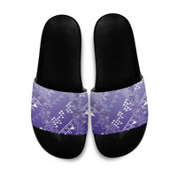 Hawaii Lavender Kapa Slide Sandals Vintage 'Ohe Kāpala Motifs Mix Plumeria Leis