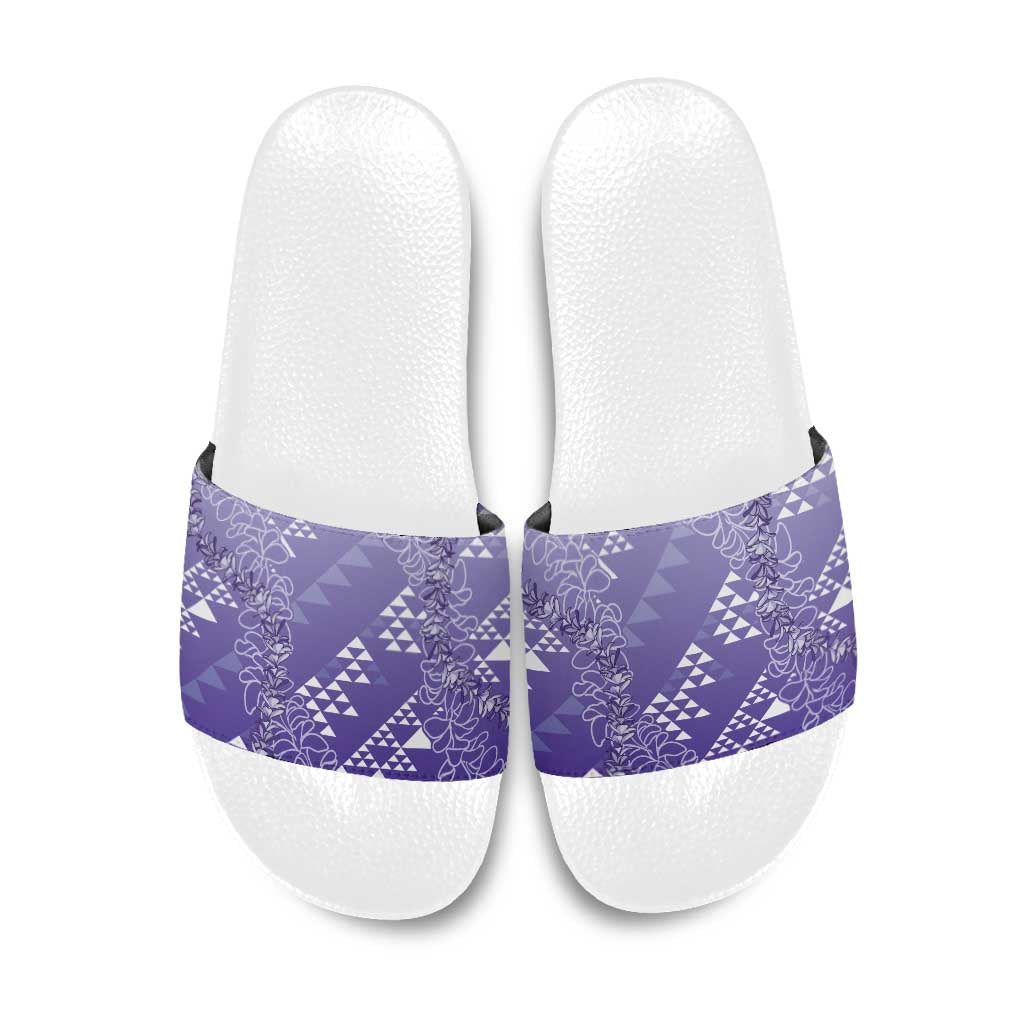 Hawaii Lavender Kapa Slide Sandals Vintage 'Ohe Kāpala Motifs Mix Plumeria Leis