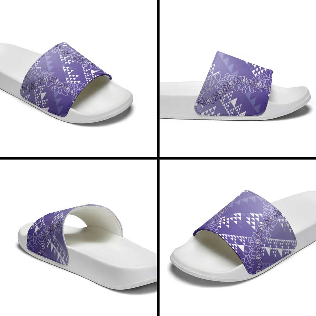 Hawaii Lavender Kapa Slide Sandals Vintage 'Ohe Kāpala Motifs Mix Plumeria Leis