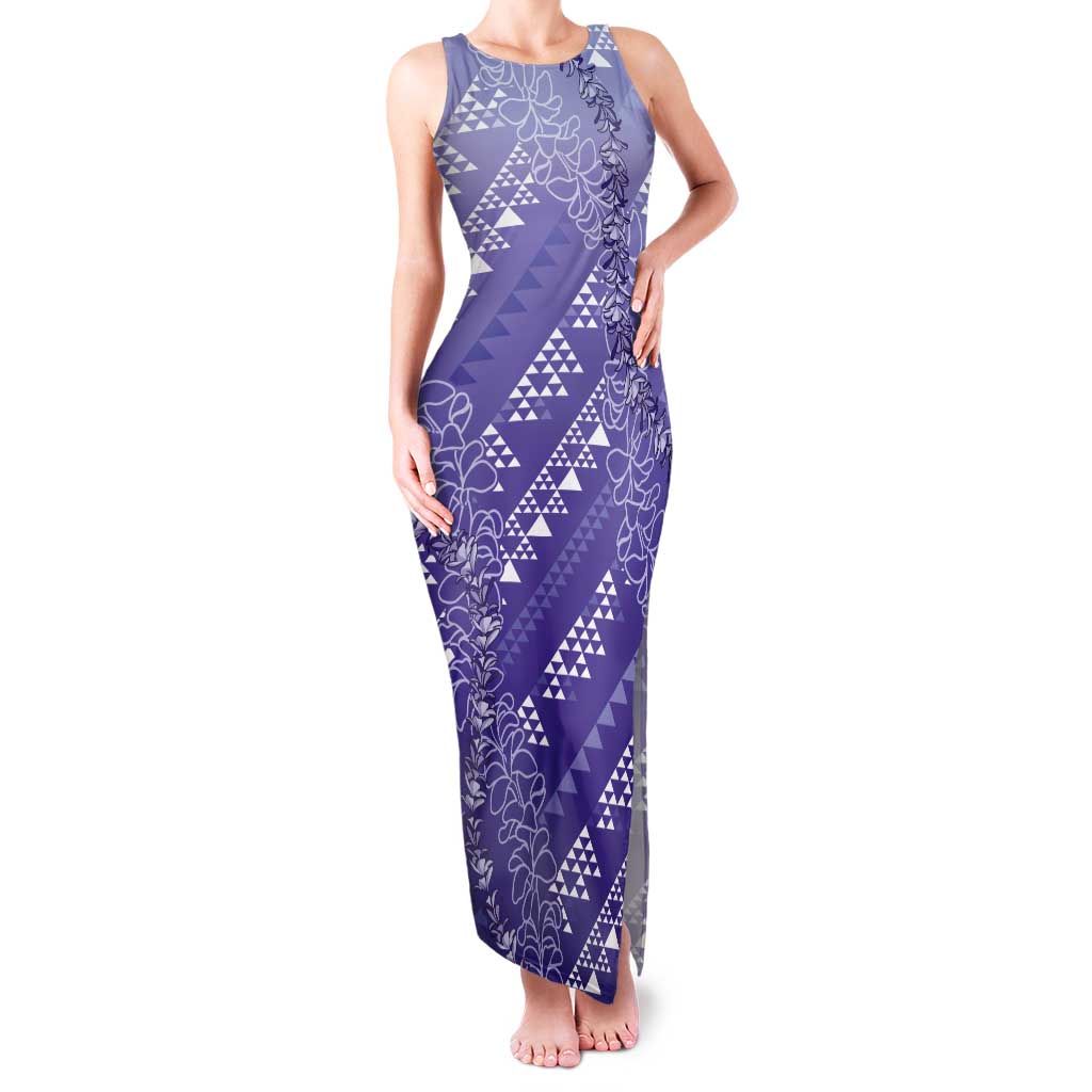 Hawaii Lavender Kapa Tank Maxi Dress Vintage 'Ohe Kāpala Motifs Mix Plumeria Leis