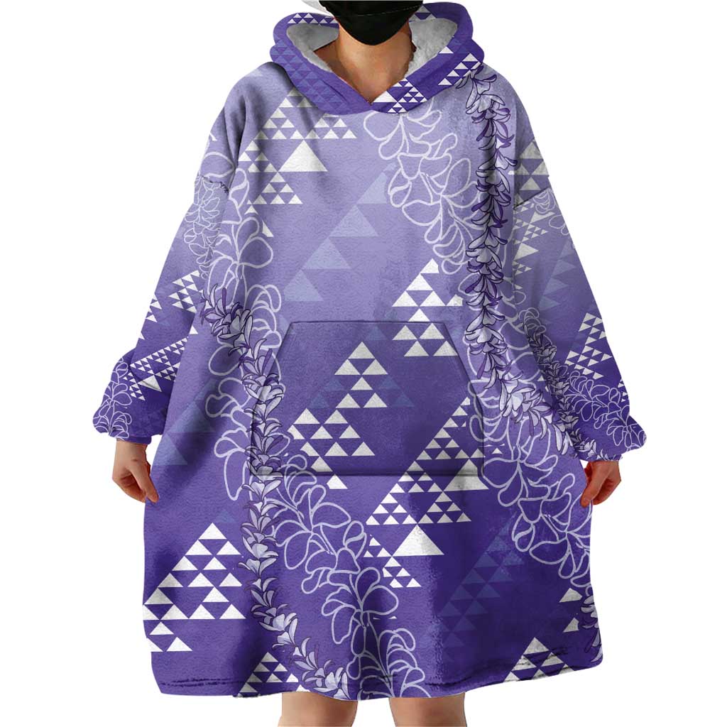 Hawaii Lavender Kapa Wearable Blanket Hoodie Vintage 'Ohe Kāpala Motifs Mix Plumeria Leis