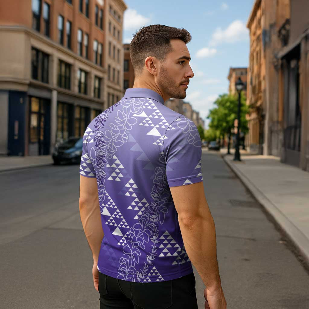 Hawaii Lavender Kapa Zipper Polo Shirt Vintage 'Ohe Kāpala Motifs Mix Plumeria Leis