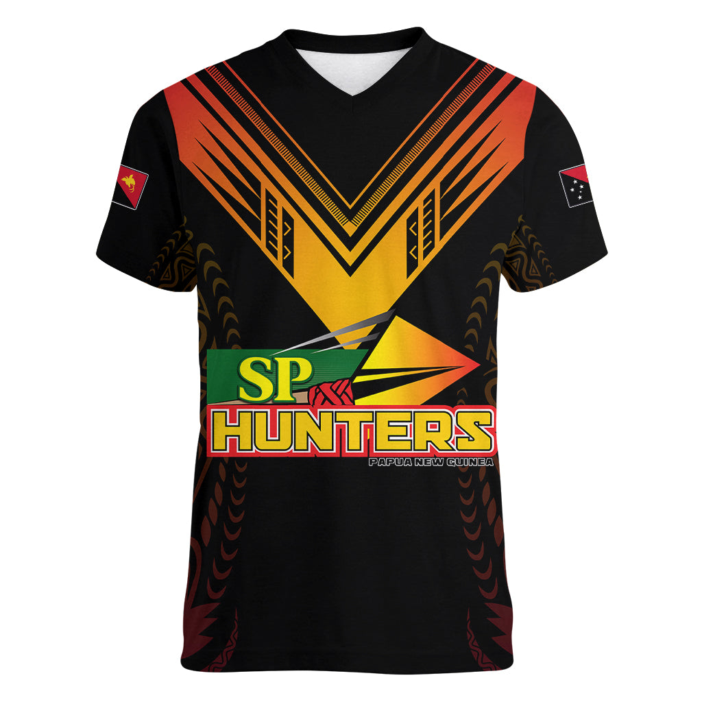 Personalised PNG Hunters Rugby Women V Neck T Shirt Motuan Style LT7 Female Black - Polynesian Pride