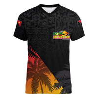 Personalised PNG Hunters Rugby Women V Neck T Shirt Palm Trees Simple LT7 Female Black - Polynesian Pride