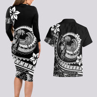 Polynesian Plumeria Couples Matching Long Sleeve Bodycon Dress and Hawaiian Shirt Ride The Waves - Black LT7 - Polynesian Pride