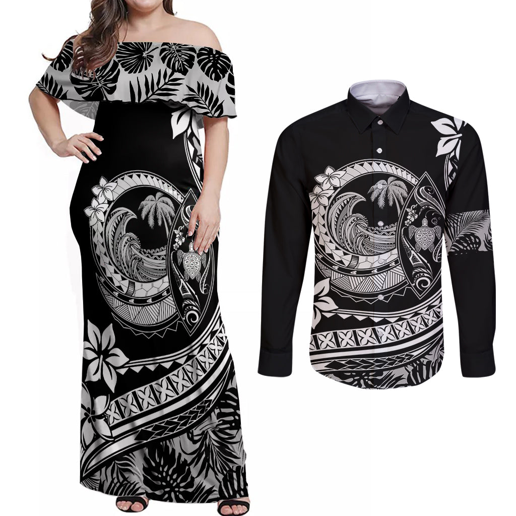 Polynesian Plumeria Couples Matching Off Shoulder Maxi Dress and Long Sleeve Button Shirts Ride The Waves - Black LT7 Black - Polynesian Pride