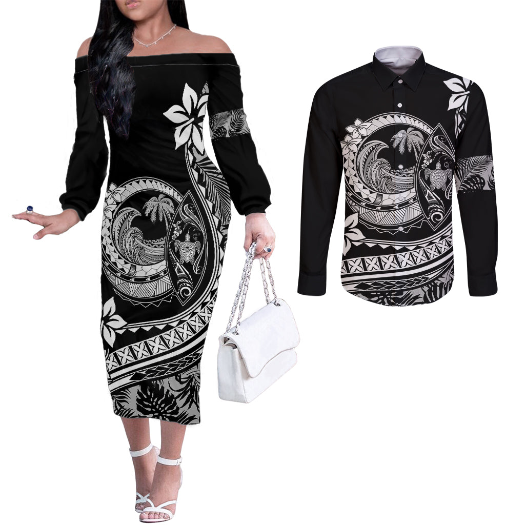 Polynesian Plumeria Couples Matching Off The Shoulder Long Sleeve Dress and Long Sleeve Button Shirts Ride The Waves - Black LT7 Black - Polynesian Pride