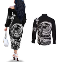 Polynesian Plumeria Couples Matching Off The Shoulder Long Sleeve Dress and Long Sleeve Button Shirts Ride The Waves - Black LT7 - Polynesian Pride