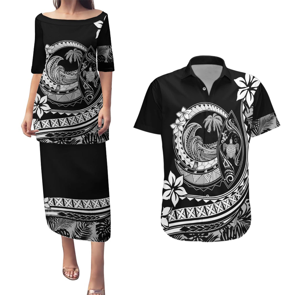Polynesian Plumeria Couples Matching Puletasi Dress and Hawaiian Shirt Ride The Waves - Black LT7 Black - Polynesian Pride