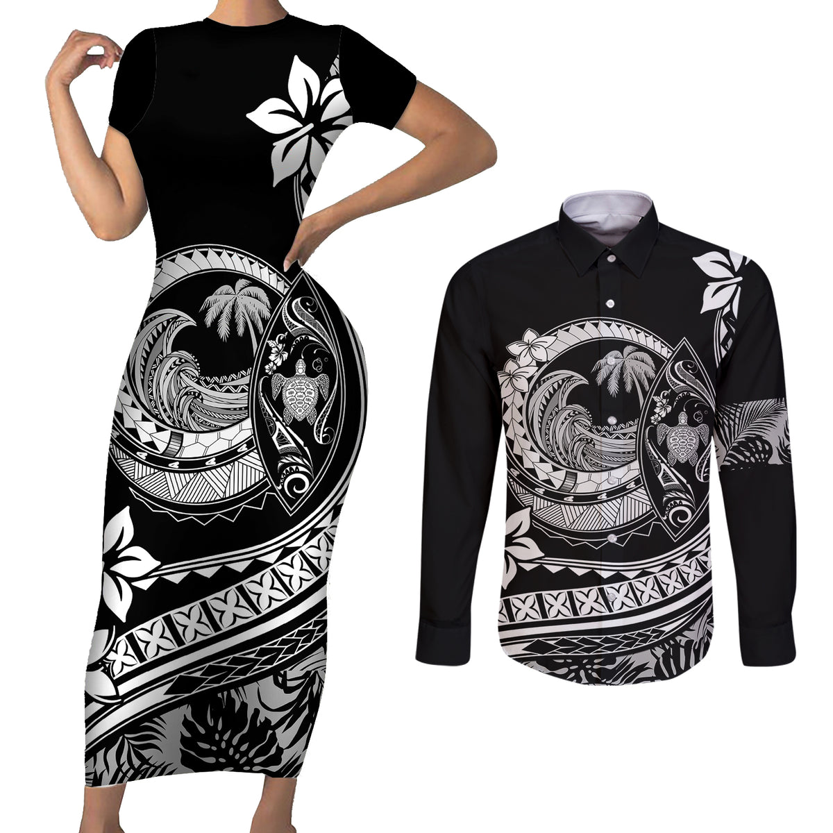 Polynesian Plumeria Couples Matching Short Sleeve Bodycon Dress and Long Sleeve Button Shirts Ride The Waves - Black LT7 Black - Polynesian Pride
