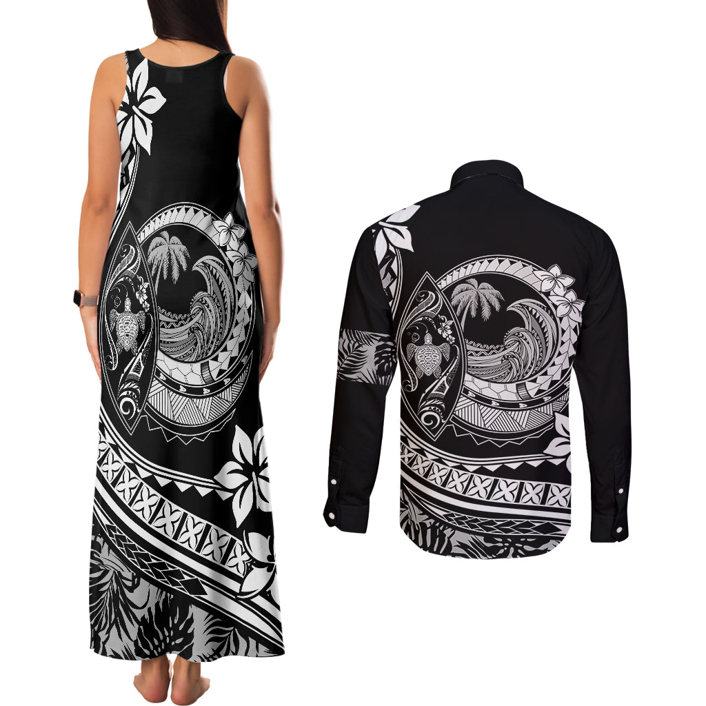 Polynesian Plumeria Couples Matching Tank Maxi Dress and Long Sleeve Button Shirts Ride The Waves - Black LT7 - Polynesian Pride